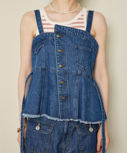 牛仔不對稱背心/帶蝴蝶結 牛仔背心