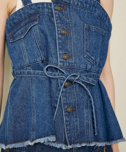 牛仔不對稱背心/帶蝴蝶結 牛仔背心