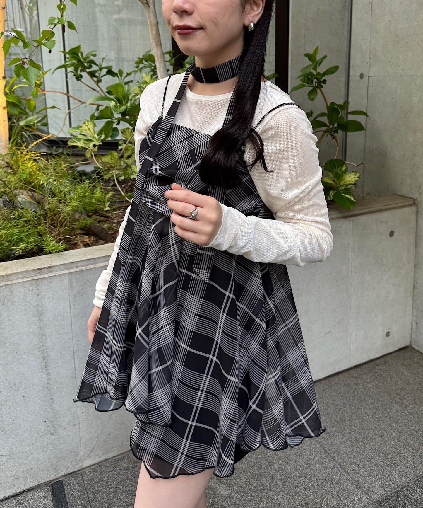 格紋不對稱連衣裙