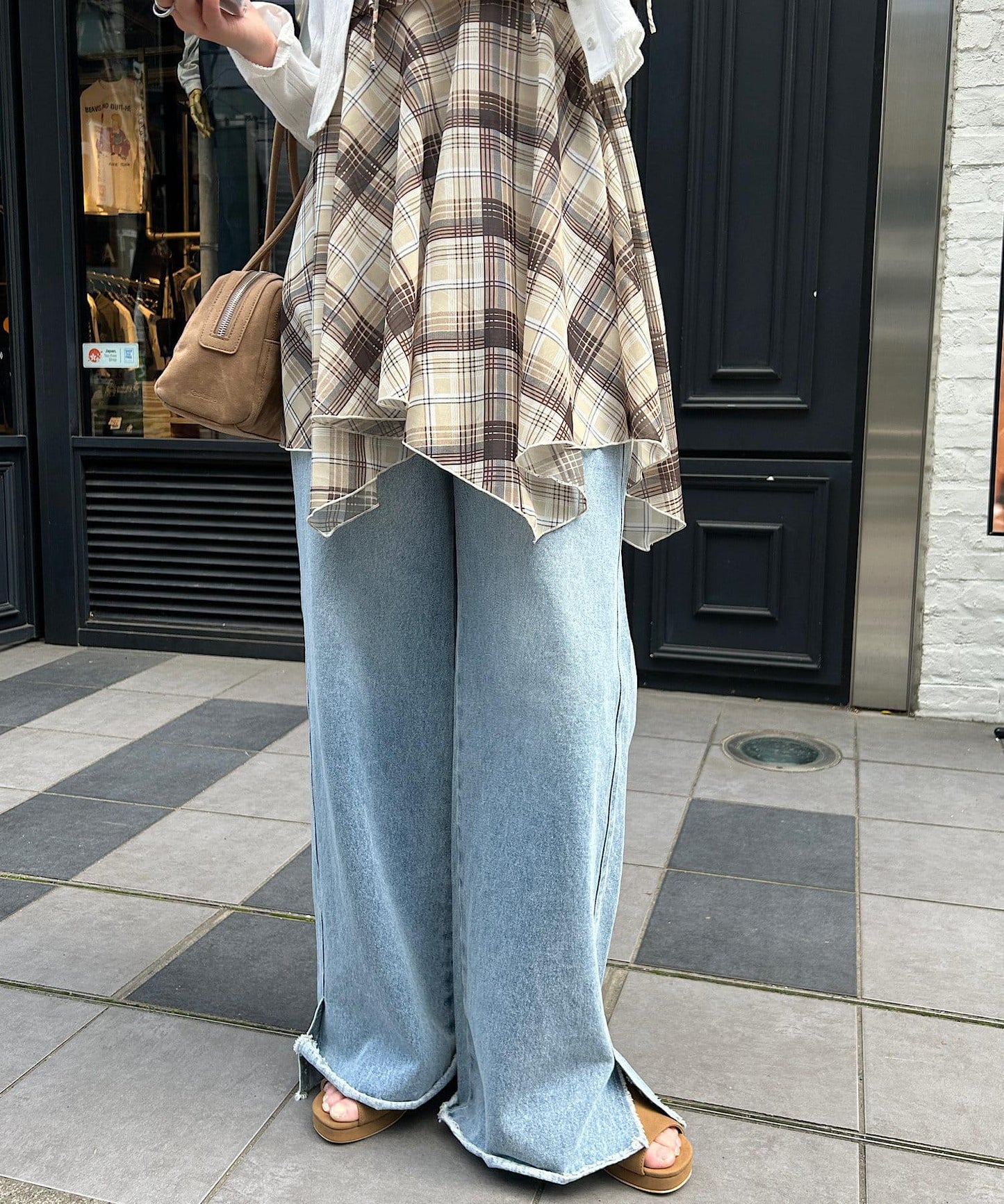 格紋不對稱連衣裙