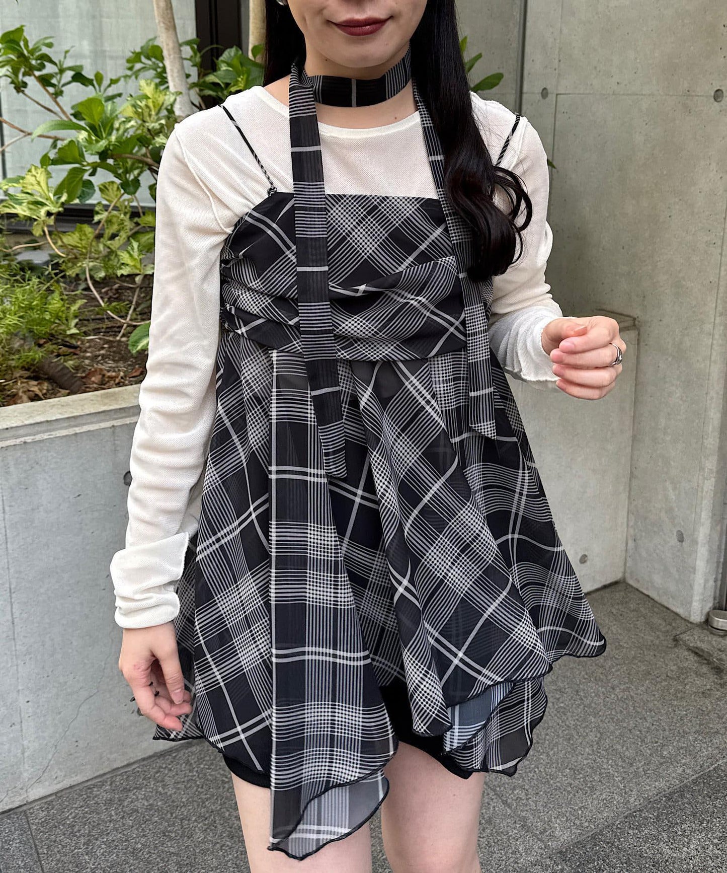 格紋不對稱連衣裙