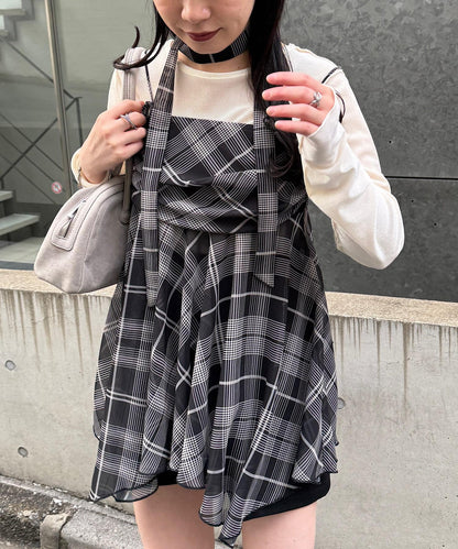 格紋不對稱連衣裙