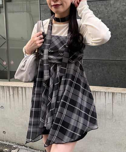 格紋不對稱連衣裙