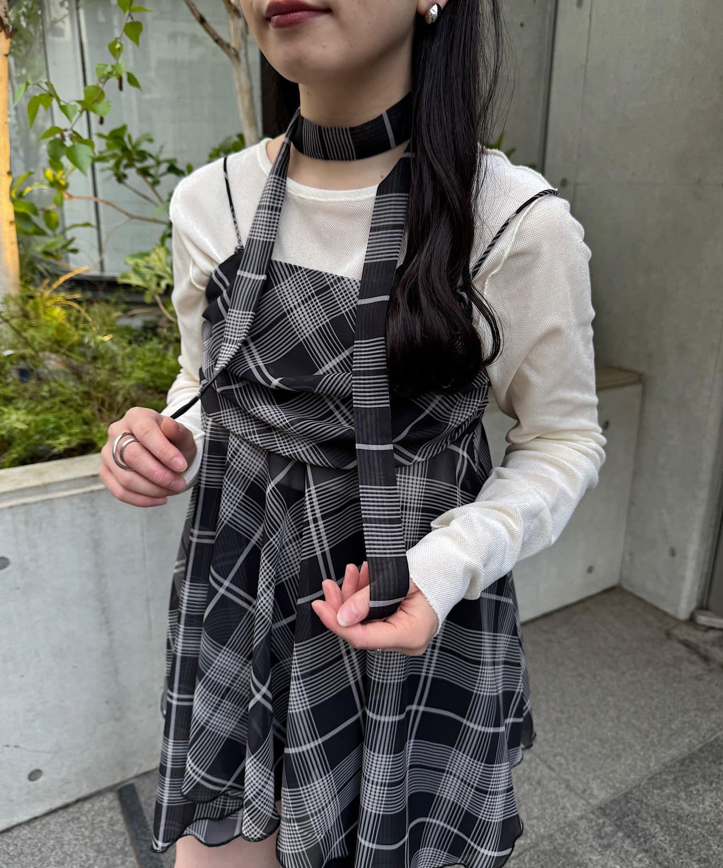 格紋不對稱連衣裙