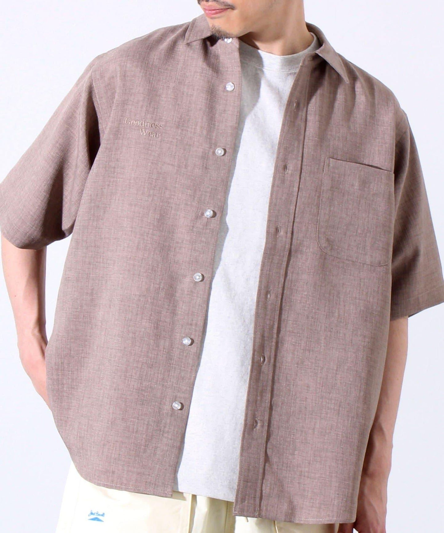 【GLOSTER】亞麻質感帆布 GOODNESS刺繡 短袖襯衫