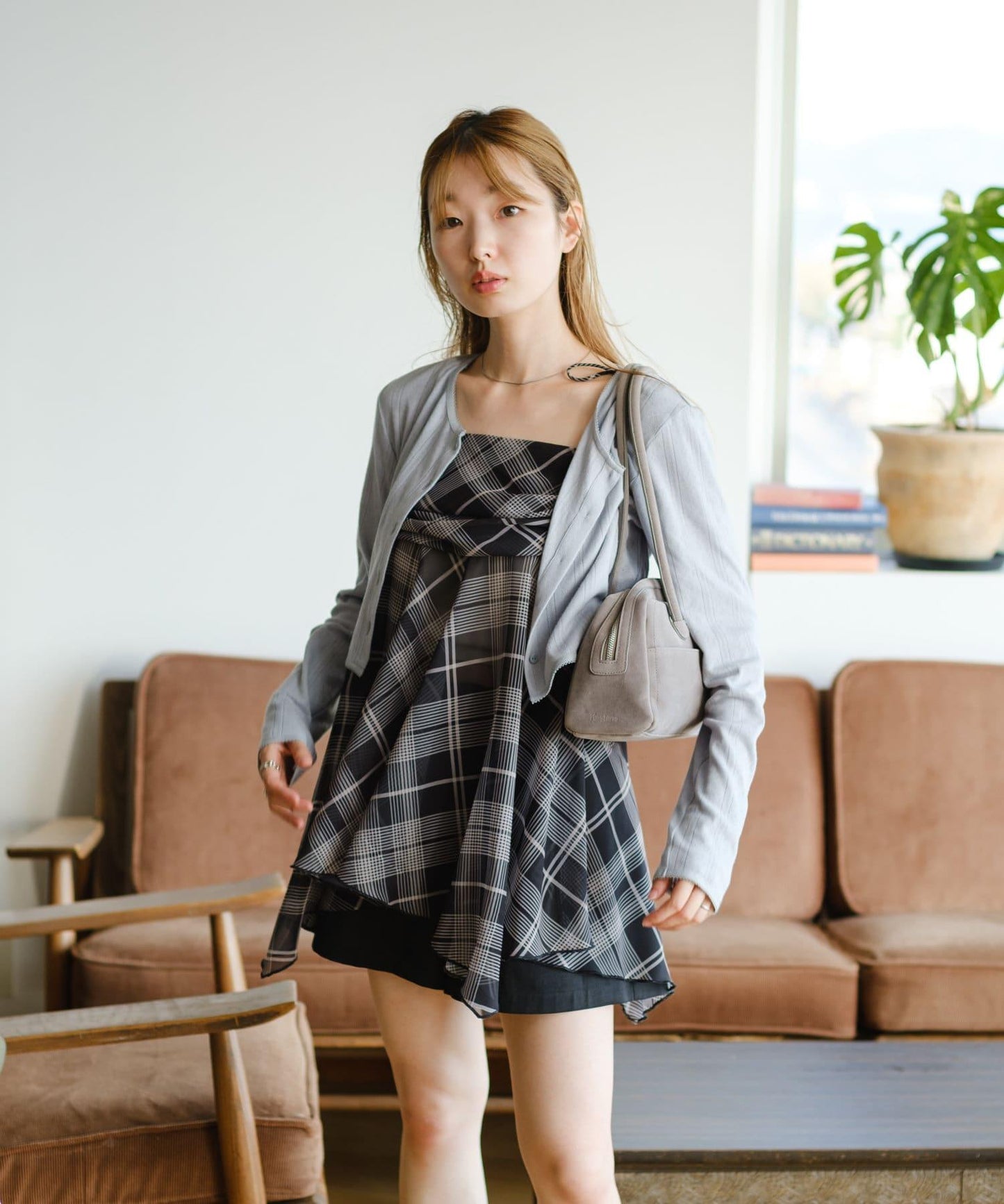 格紋不對稱連衣裙