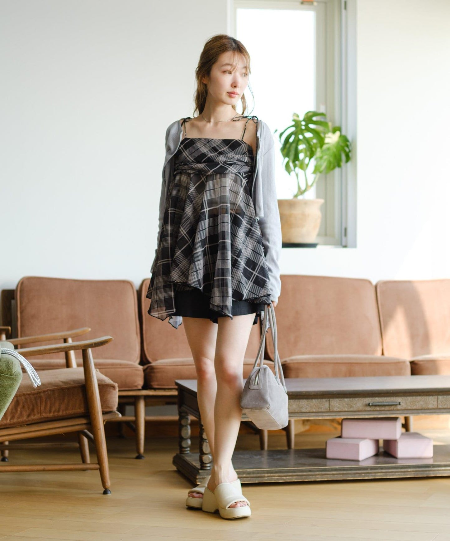 格紋不對稱連衣裙