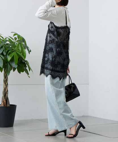 蕾絲V領吊帶長款上衣