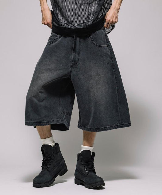 寬鬆剪裁 復古加工 曲線 牛仔褲 露腳 短褲