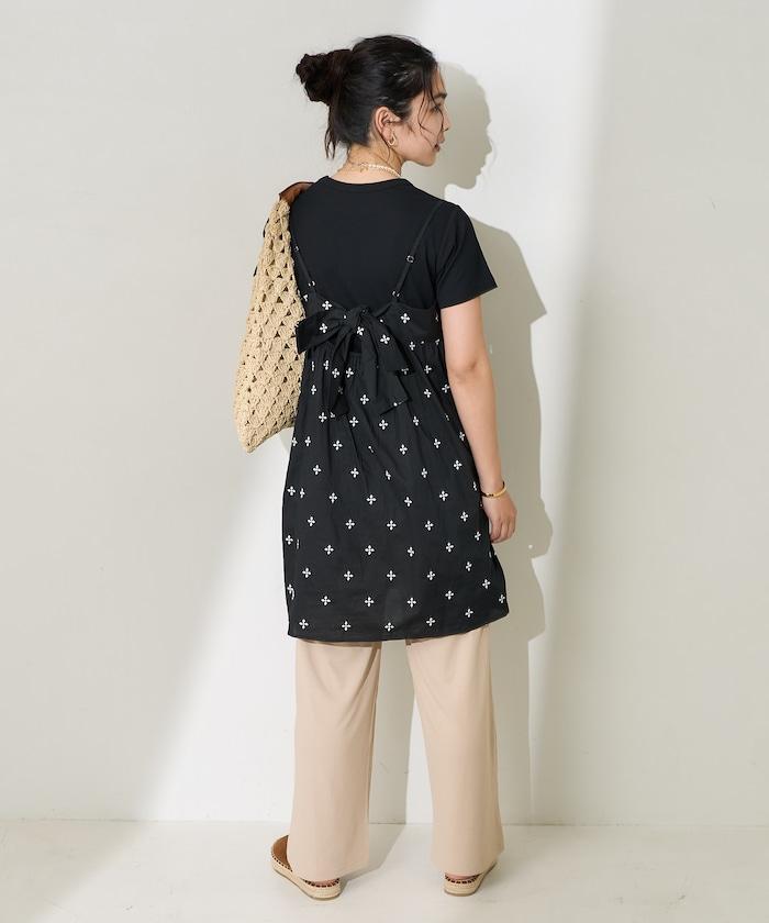 印度小花刺繡細肩帶蝴蝶結連衣裙