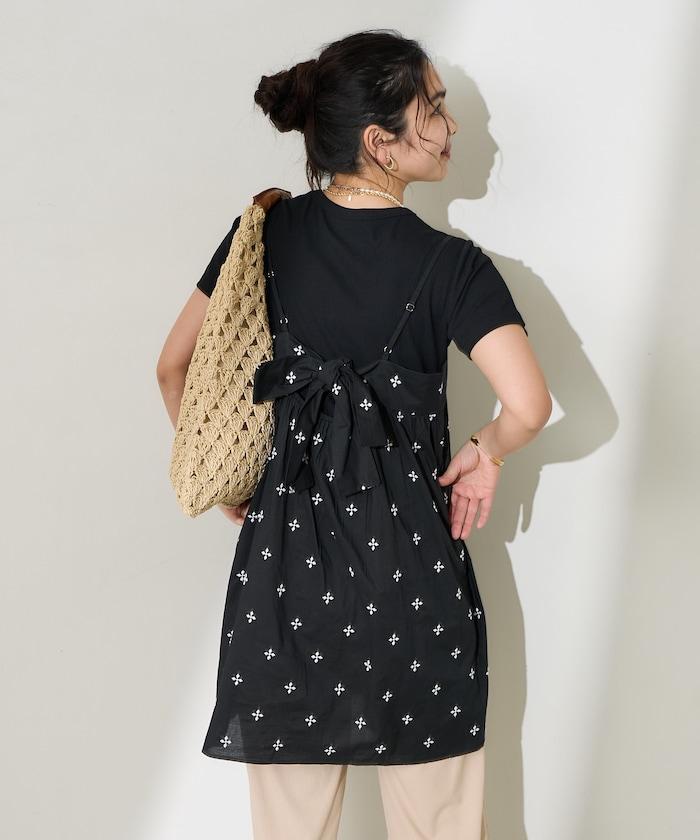 印度小花刺繡細肩帶蝴蝶結連衣裙