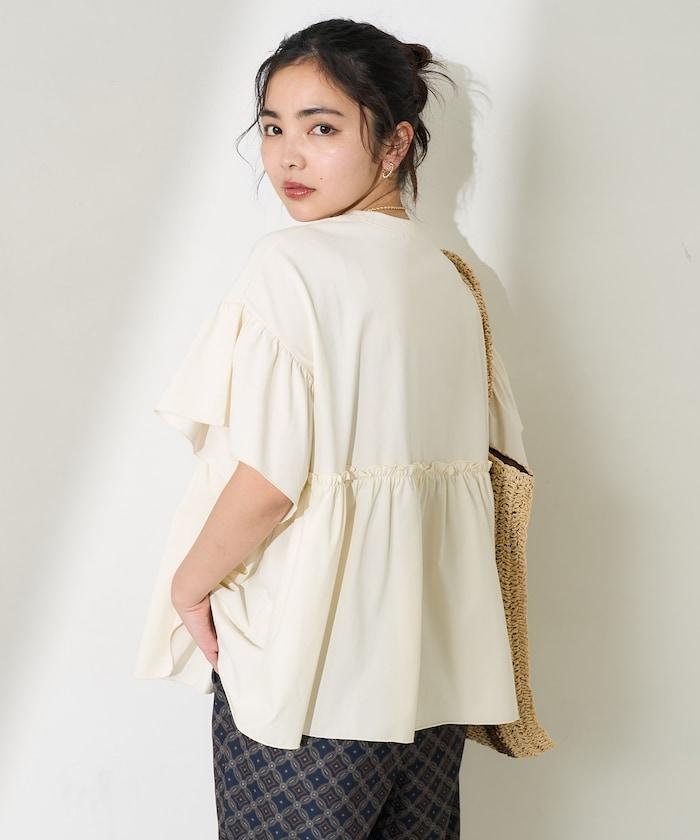 <防紫外線>多功能袖口荷葉邊短袖T恤/功能性材料拼接T恤