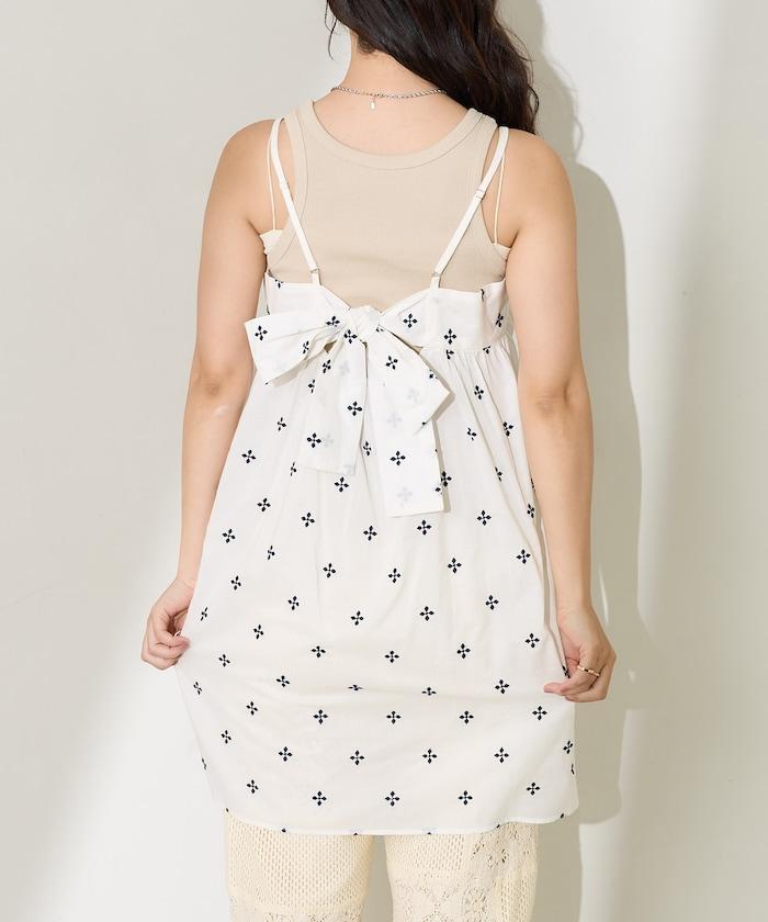 印度小花刺繡細肩帶蝴蝶結連衣裙