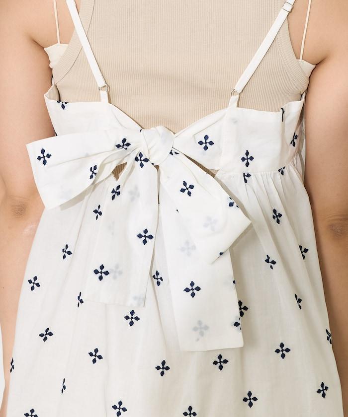 印度小花刺繡細肩帶蝴蝶結連衣裙