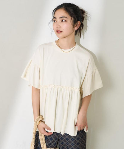 <防紫外線>多功能袖口荷葉邊短袖T恤/功能性材料拼接T恤