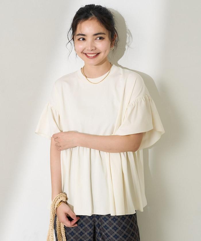 <防紫外線>多功能袖口荷葉邊短袖T恤/功能性材料拼接T恤