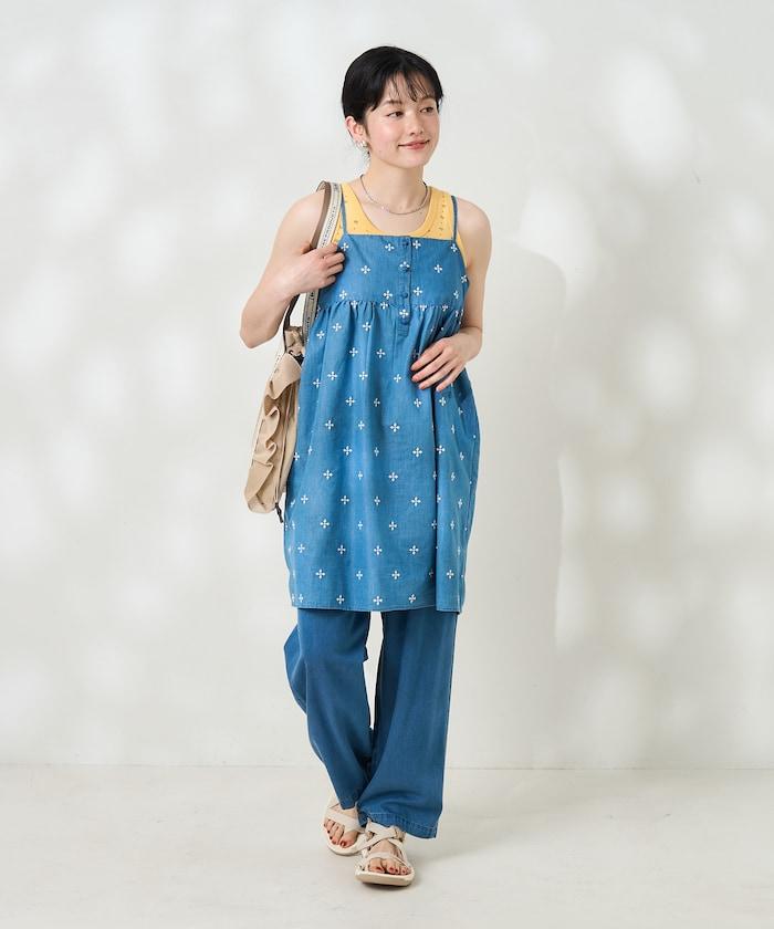 印度小花刺繡細肩帶蝴蝶結連衣裙