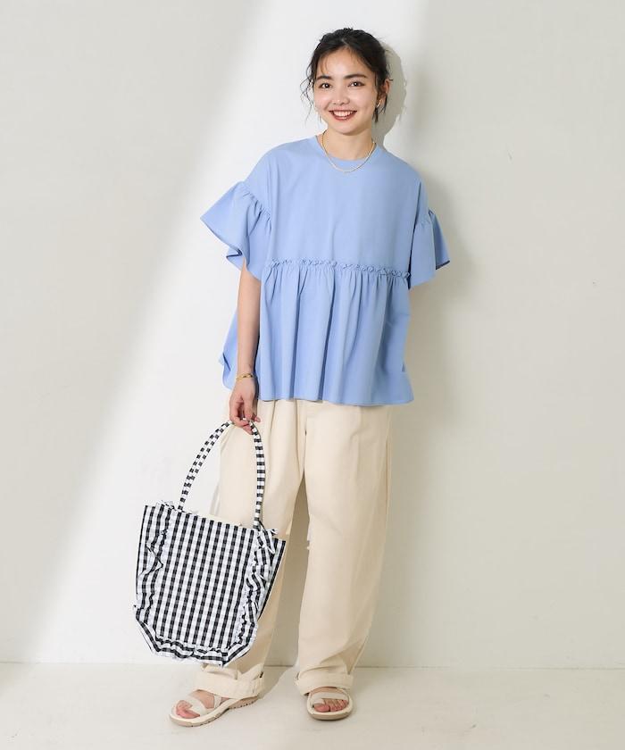 <防紫外線>多功能袖口荷葉邊短袖T恤/功能性材料拼接T恤