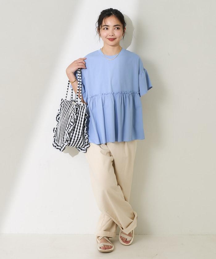 <防紫外線>多功能袖口荷葉邊短袖T恤/功能性材料拼接T恤