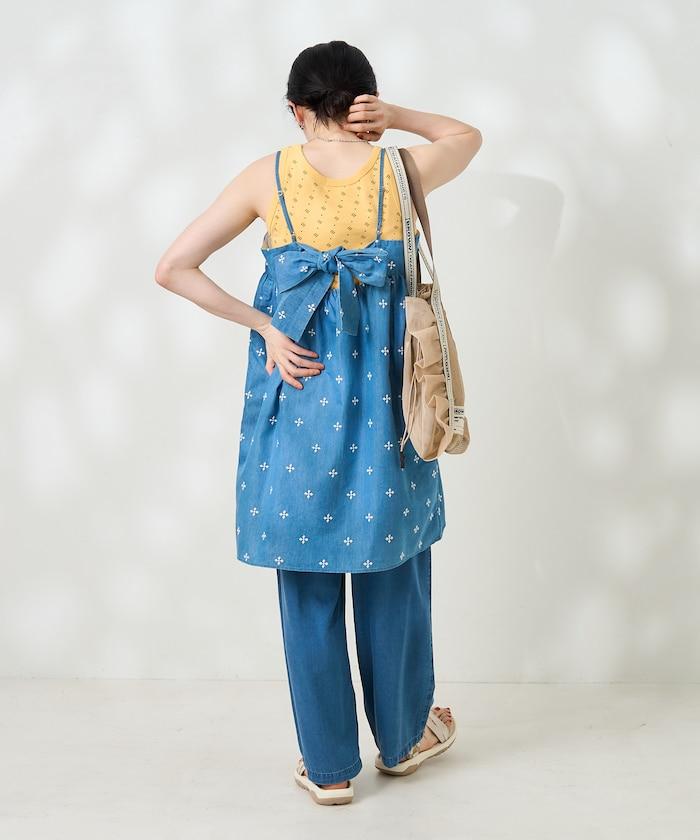 印度小花刺繡細肩帶蝴蝶結連衣裙