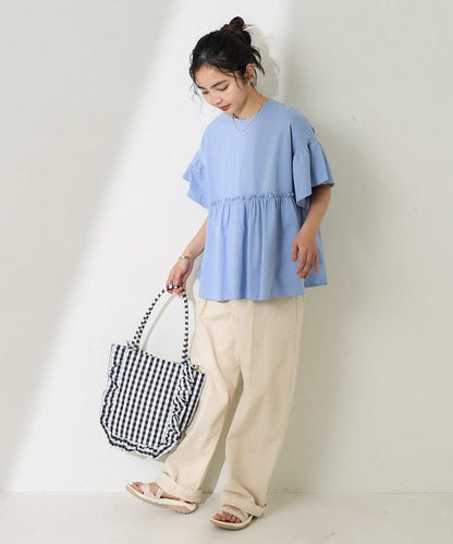 <防紫外線>多功能袖口荷葉邊短袖T恤/功能性材料拼接T恤