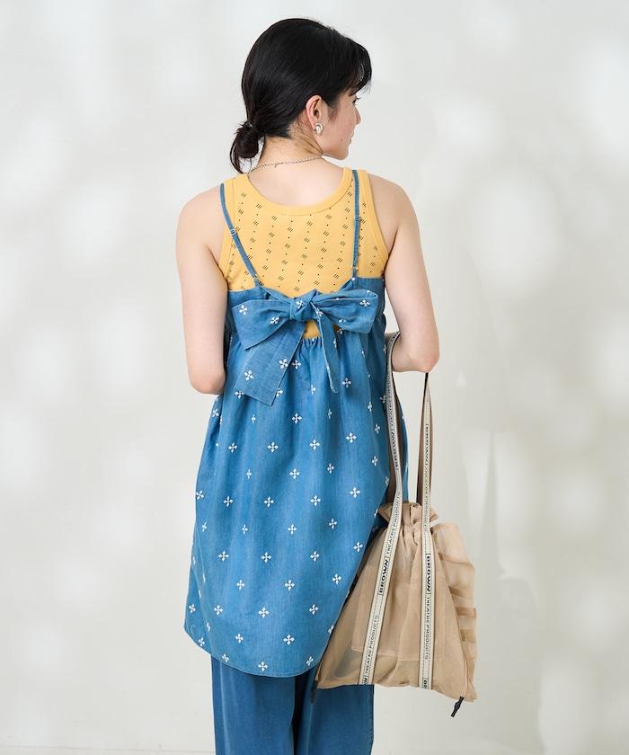 印度小花刺繡細肩帶蝴蝶結連衣裙