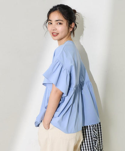 <防紫外線>多功能袖口荷葉邊短袖T恤/功能性材料拼接T恤