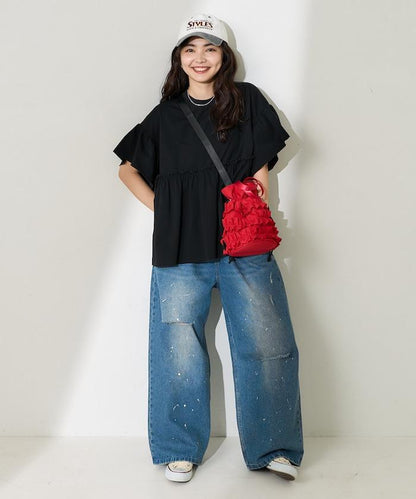 <防紫外線>多功能袖口荷葉邊短袖T恤/功能性材料拼接T恤