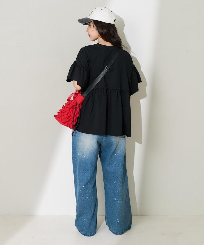 <防紫外線>多功能袖口荷葉邊短袖T恤/功能性材料拼接T恤