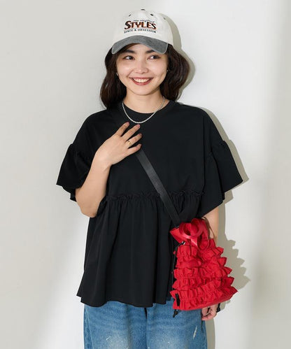 <防紫外線>多功能袖口荷葉邊短袖T恤/功能性材料拼接T恤