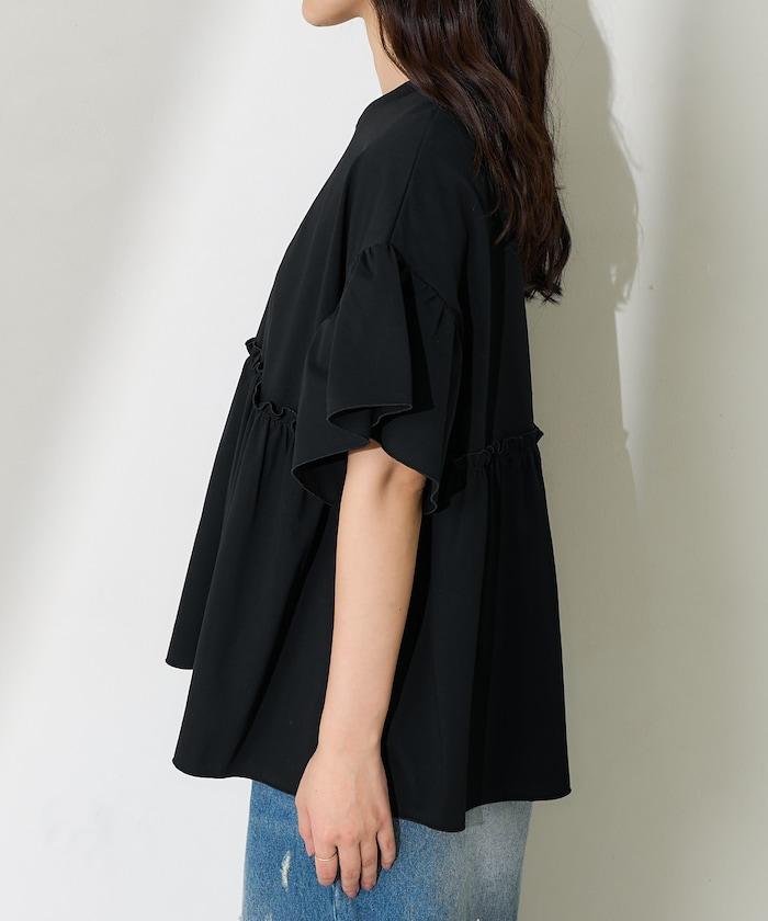 <防紫外線>多功能袖口荷葉邊短袖T恤/功能性材料拼接T恤