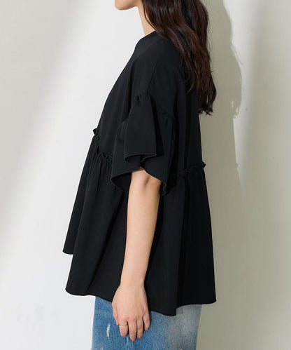 <防紫外線>多功能袖口荷葉邊短袖T恤/功能性材料拼接T恤