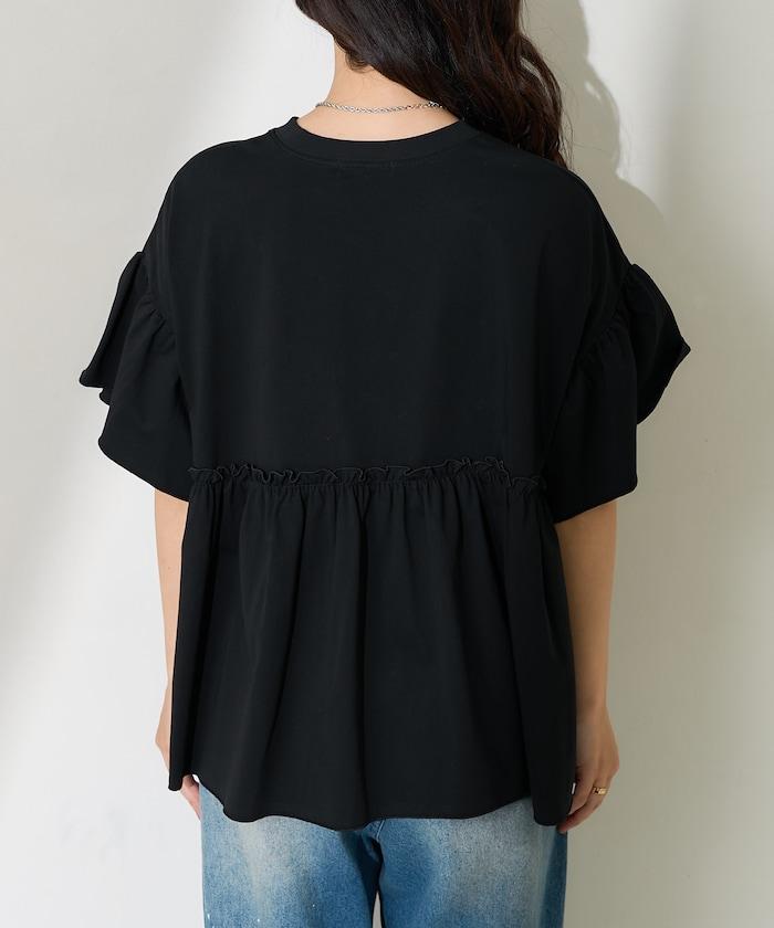 <防紫外線>多功能袖口荷葉邊短袖T恤/功能性材料拼接T恤