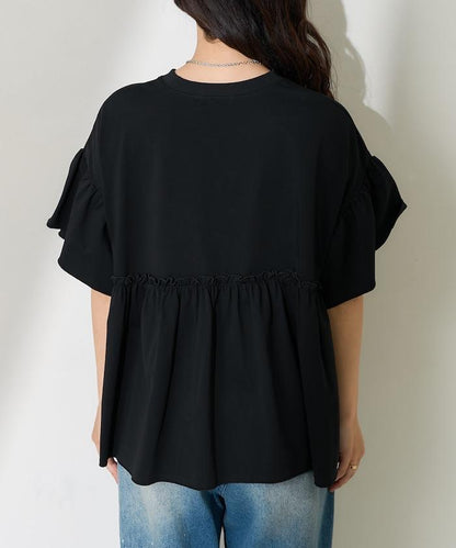 <防紫外線>多功能袖口荷葉邊短袖T恤/功能性材料拼接T恤