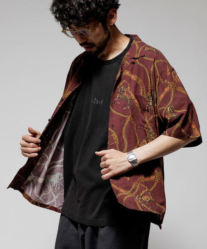 舒適版型 可水洗 人造絲 方巾圖案 開領襯衫 短袖