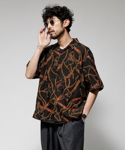 舒適版型 可水洗 人造絲 方巾圖案 開領襯衫 短袖