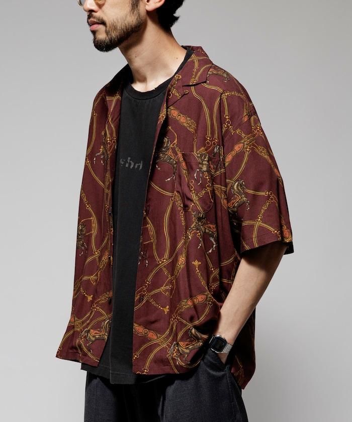 舒適版型 可水洗 人造絲 方巾圖案 開領襯衫 短袖