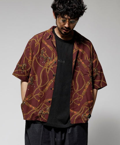 舒適版型 可水洗 人造絲 方巾圖案 開領襯衫 短袖