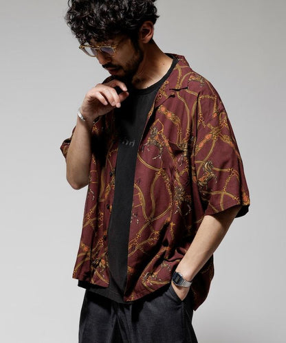 舒適版型 可水洗 人造絲 方巾圖案 開領襯衫 短袖