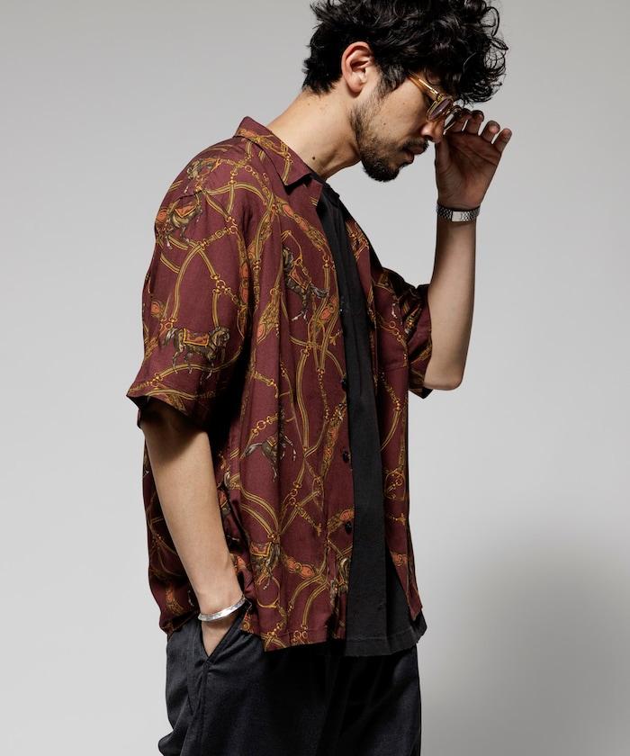 舒適版型 可水洗 人造絲 方巾圖案 開領襯衫 短袖