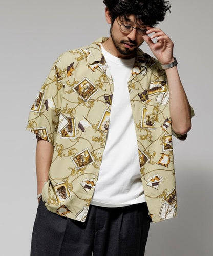 舒適版型 可水洗 人造絲 方巾圖案 開領襯衫 短袖