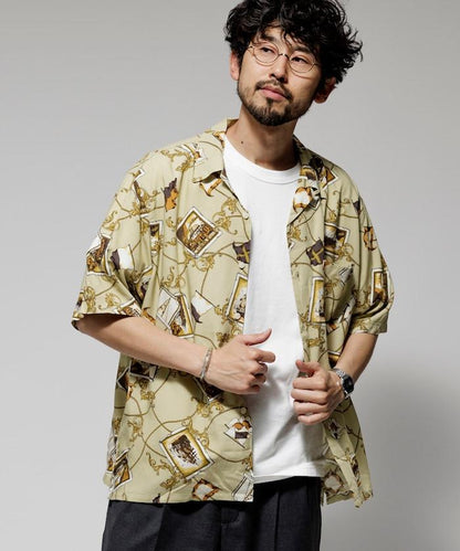 舒適版型 可水洗 人造絲 方巾圖案 開領襯衫 短袖