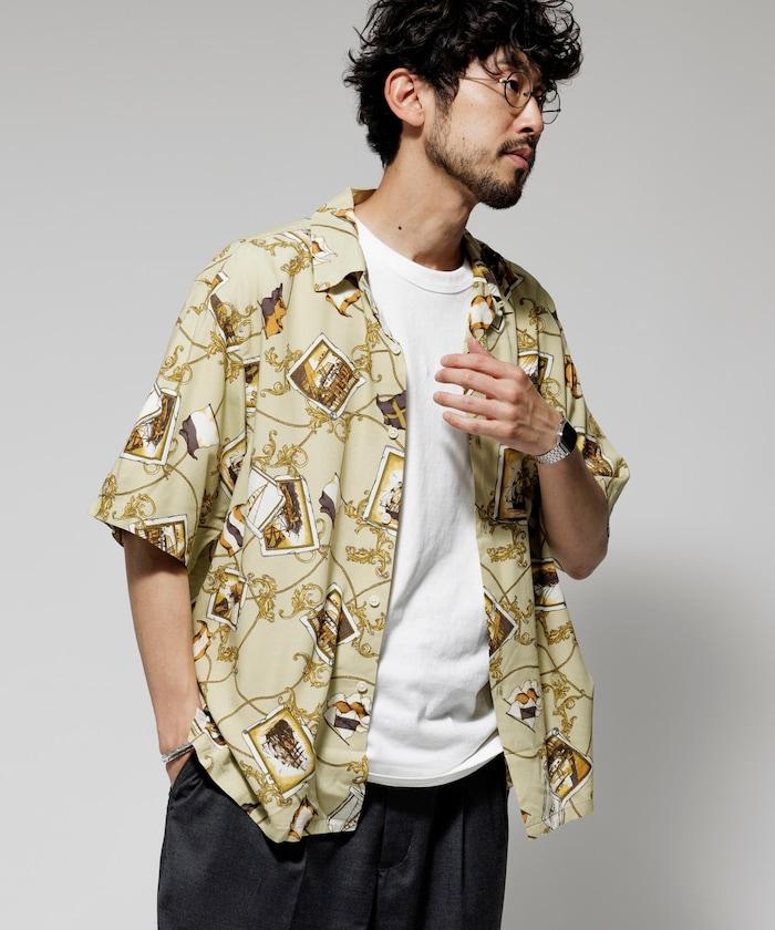 舒適版型 可水洗 人造絲 方巾圖案 開領襯衫 短袖