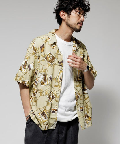 舒適版型 可水洗 人造絲 方巾圖案 開領襯衫 短袖