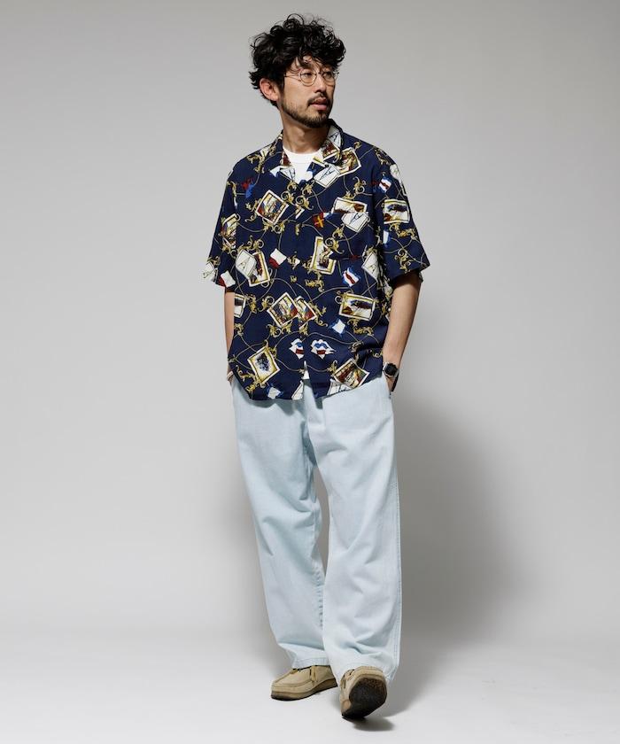 舒適版型 可水洗 人造絲 方巾圖案 開領襯衫 短袖