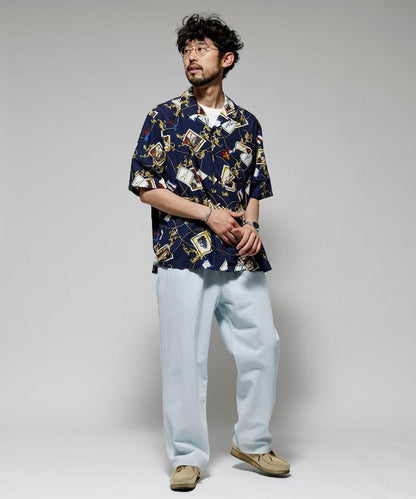 舒適版型 可水洗 人造絲 方巾圖案 開領襯衫 短袖