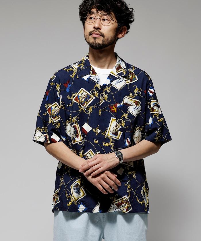 舒適版型 可水洗 人造絲 方巾圖案 開領襯衫 短袖