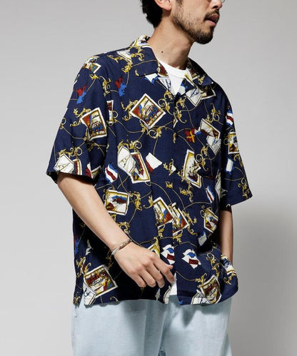 舒適版型 可水洗 人造絲 方巾圖案 開領襯衫 短袖