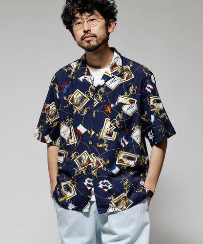 舒適版型 可水洗 人造絲 方巾圖案 開領襯衫 短袖