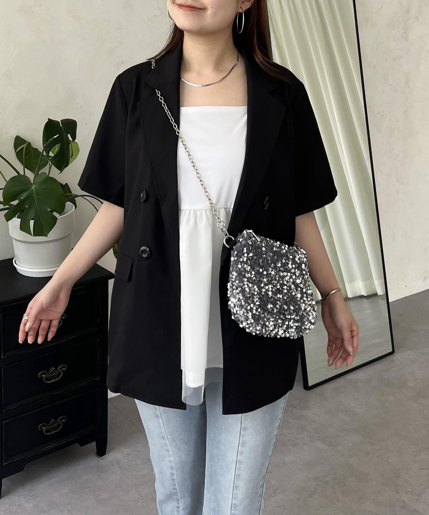 亞麻觸感W鈕釦短袖夾克